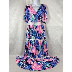 Lilly Pulitzer Maxi Dress Women's 12 Blue Pink Tiered Floral V-Neck Boho Chic